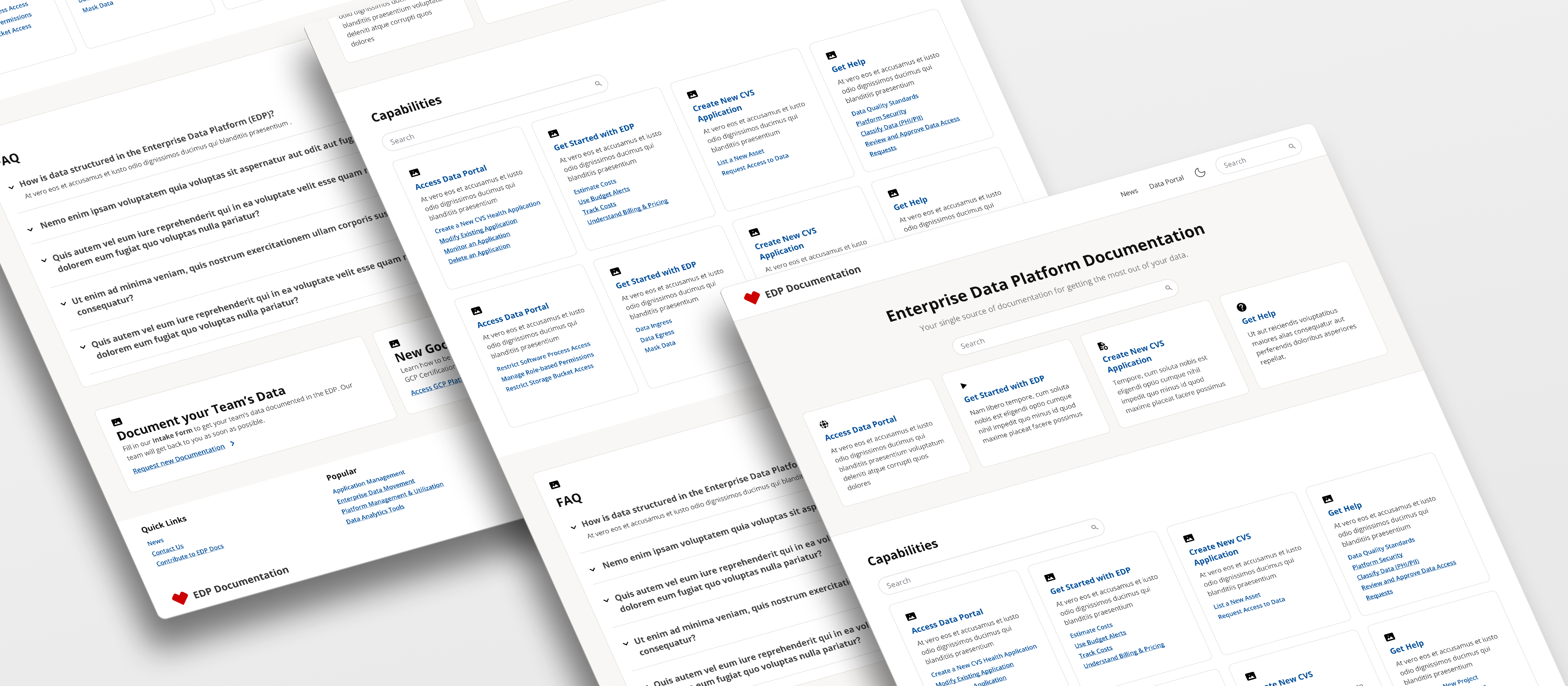 EDP Documentation Center redesign — browser mockup showing the redesigned homepage with task-based navigation cards including 'Get Started with EDP', 'Access Data Portal', 'Create New CVS Application', and 'Get Help'